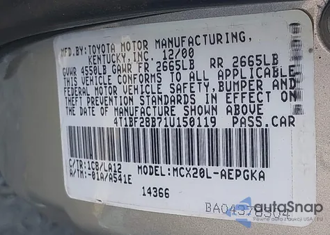 2001 Toyota Avalon Xls from USA, damaged, VIN 4T1BF28B71U150119